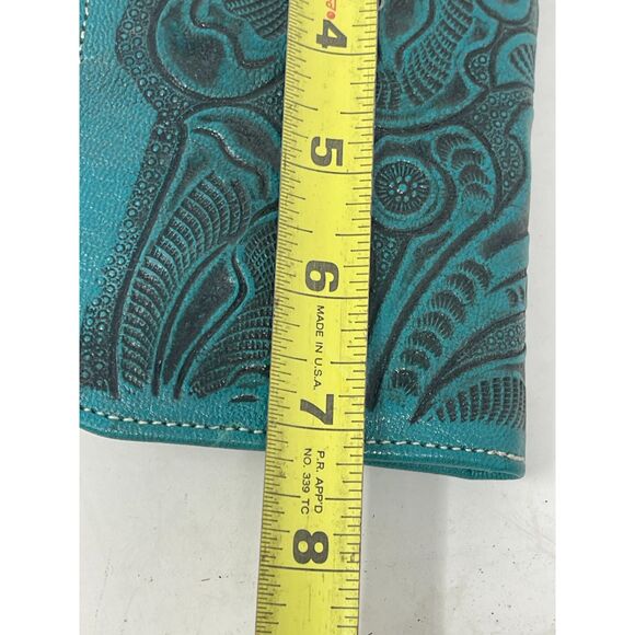 Western Hand Tooled Sustainable Leather Turquoise Teal Blue Green Long Wallet - Picture 8 of 8